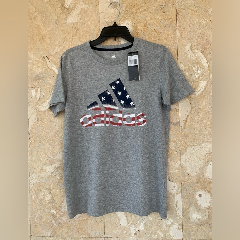 Adidas Patriotic Flag Logo Gray Youth Large T-Shirt - Picture 7 of 7